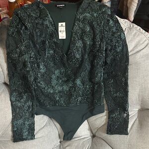 Express Dark Green Lace Bodysuit
